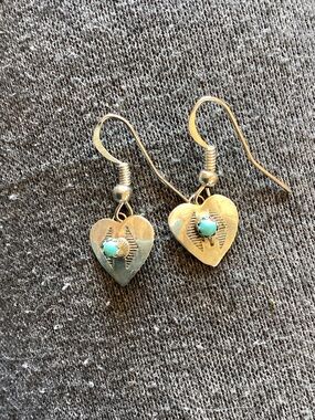 Earrings Native American made Hearts Sterling Silver Natural Turquoise unworn